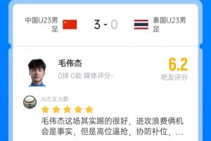 瑕不掩瑜!毛伟杰获吧友6.2评分:浪费机会是事实 但进球也有功劳